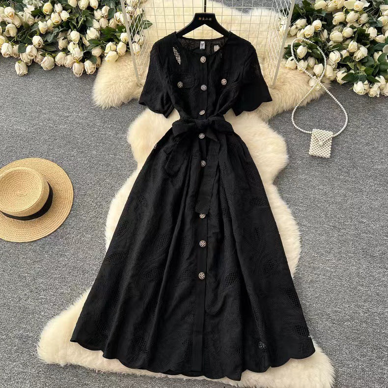 Summer retro heavy industry hollow embroidery round neck waist short sleeve dress women's thin single-breasted long skirt