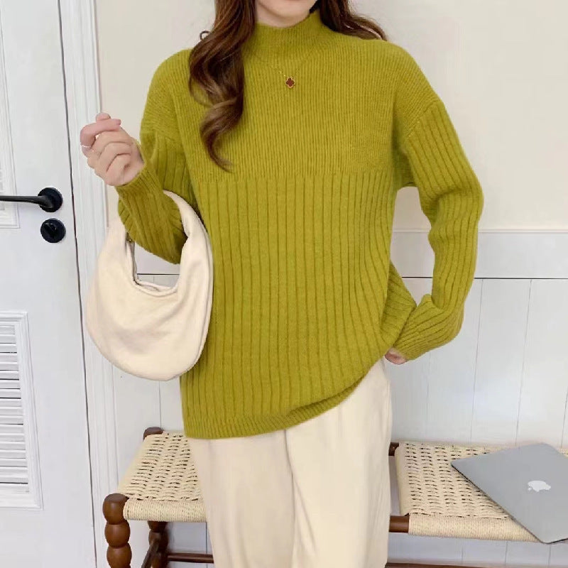 VLOVELAW Casual style knitted bottoming sweater women's New autumn and winter new loose solid color pit strip semi-turtleneck knitted sweater top