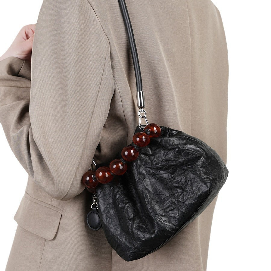 vlovelaw New Chinese Style Beads Hand Holding Dinner Bag Cloud Bag Armpit Dumpling Bag Hand Grip Pattern Top Layer Cowhide Messenger Bag