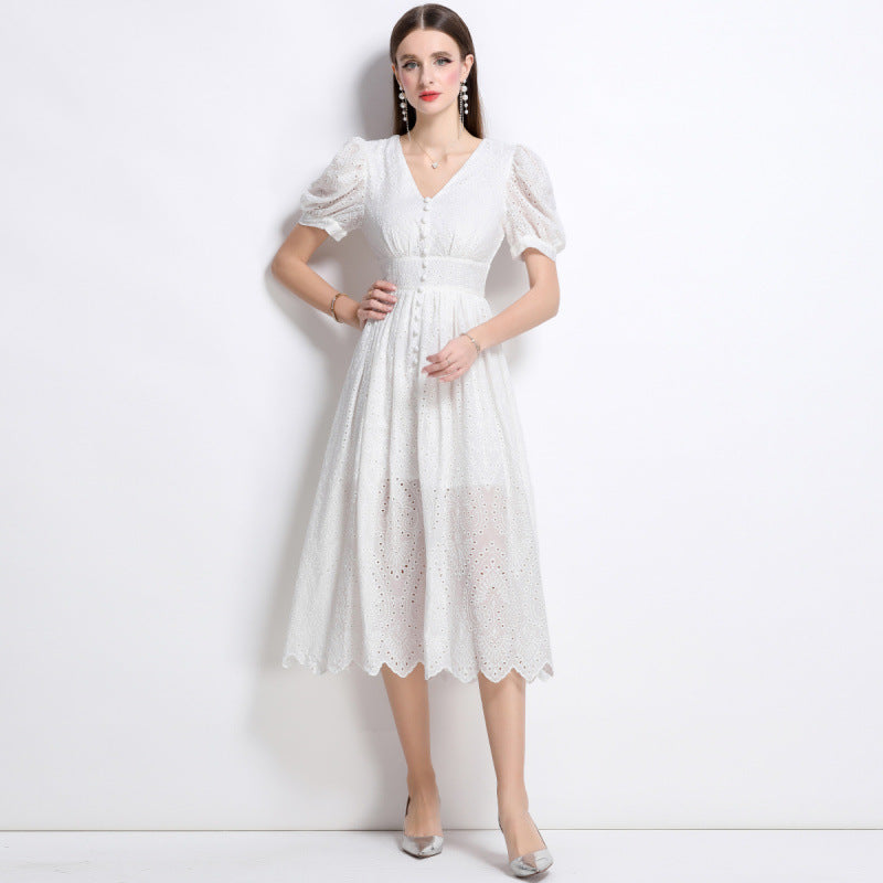 White dress female travel photo summer hollow high sense seaside vacation beach long skirt