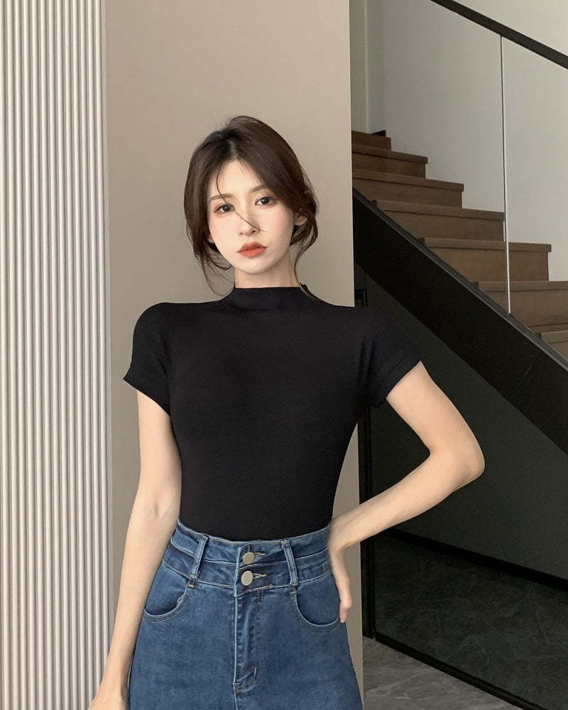 VLOVELAW Foreign Trade Cross-Border Summer Slim Fit Slim Looking Base Inner Wear Blouse Ins Desire Style Half Turtleneck Short Sleeve T-shirt Female Wholesale