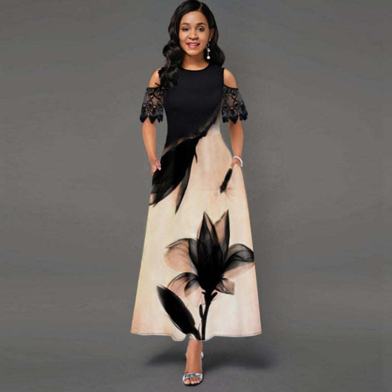vlovelaw Plus Size Boho Dress, Women's Plus Colorblock Floral Print Contrast Mesh Long Sleeve Round Neck Maxi Dress