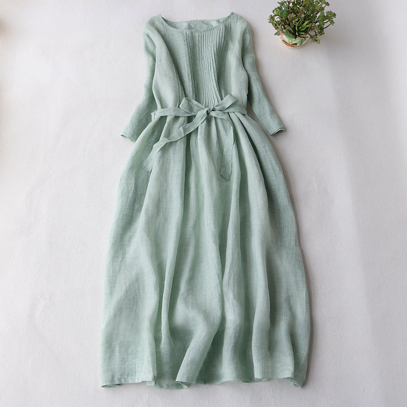 VLOVELAW Lace-up Waist-Controlled Slimming Half-Length Sleeve Dress Women's Summer New Cotton and Linen Art Elegant Organ Pleated Skirt