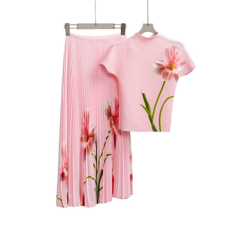 2025 Popular trade explosive suit women's clothing summer new printed T-shirt top short-sleeved long skirt two-piece set