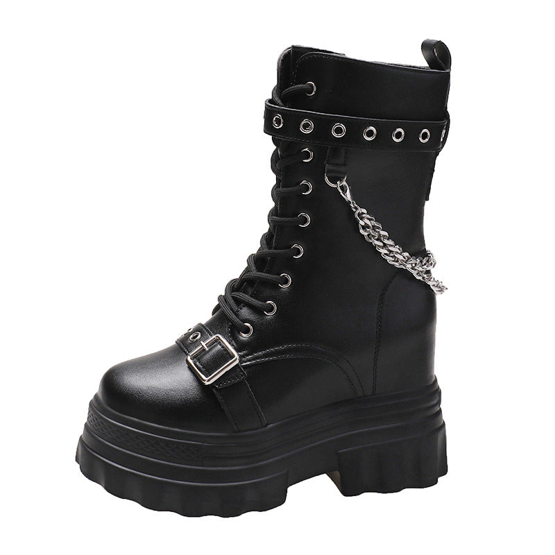 Cross-Border Thick Bottom Height Increasing Insole Knight Boots Female Autumn and Winter New HOTan and NEWn Martin Boots Female Thick Bottom Women's Mid Boots Tide