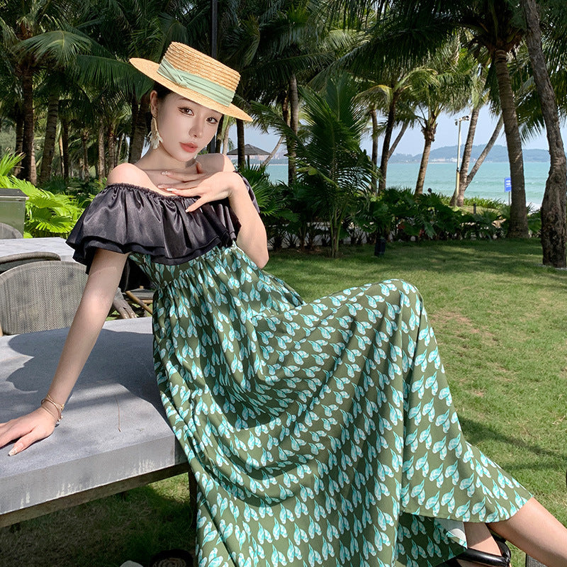2025 One-word shoulder ruffle dress skirt Sanya seaside travel photo beach skirt showing thin temperament a-word dress summer