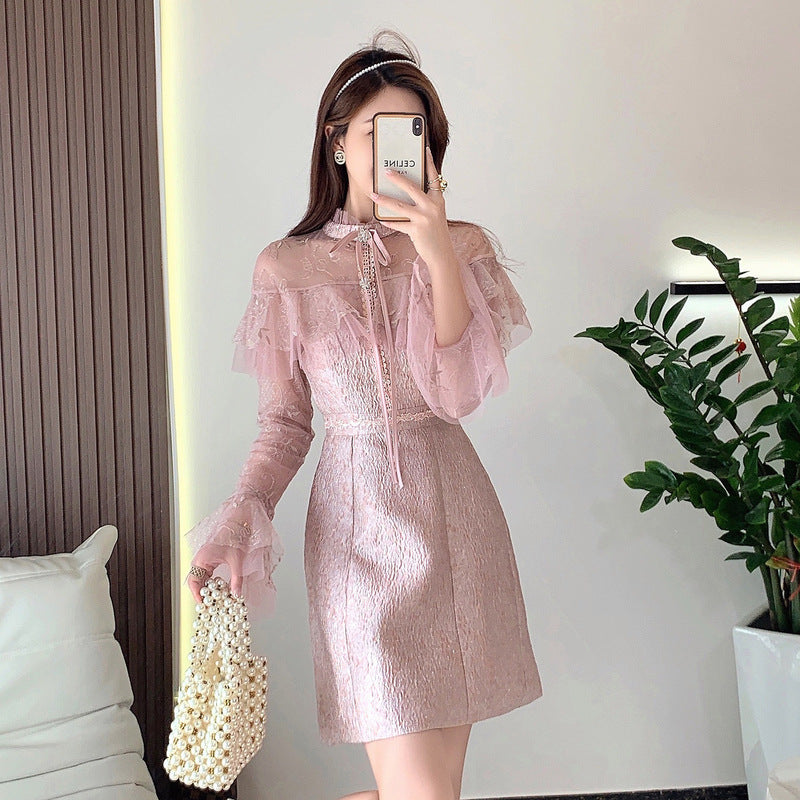 Light temperament fashion dress female celebrity heavy industry mesh embroidery high-end jacquard slim skirt