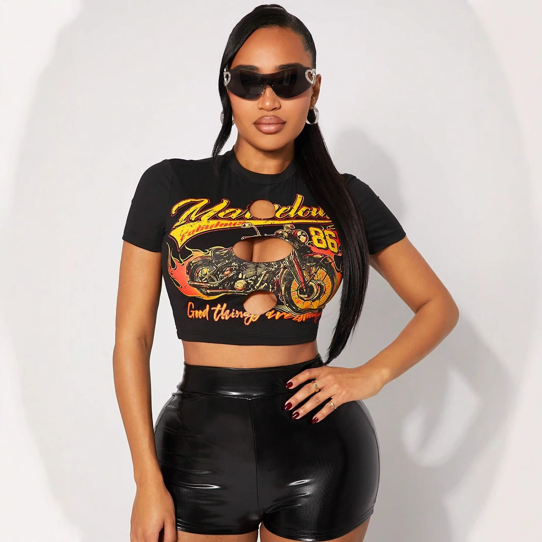 summer New new personalized street spice girl wind hole printing fashion women's top T-shirt