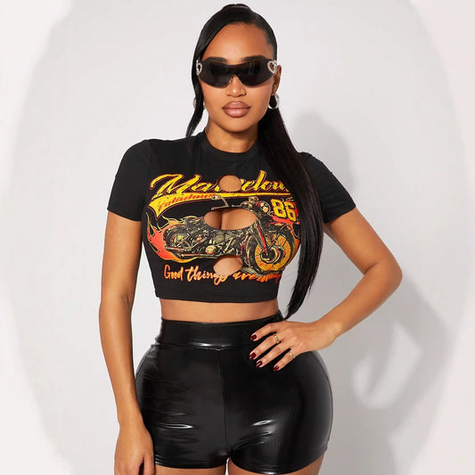 summer  New new personalized street spice girl wind hole printing fashion women's top T-shirt