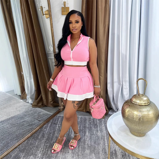 summer  New Popular trade solid color zipper single sleeveless top waist casual skirt suit women