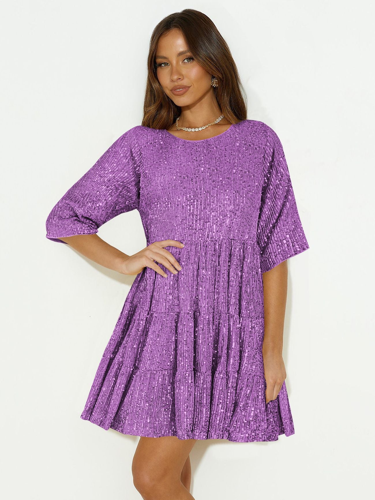 XIEYINSHE Europe and America Cross Border Foreign Trade Popular Style Fashion Pure Color Sequins Loose Waist Short Sleeve Swing Skirt Dress