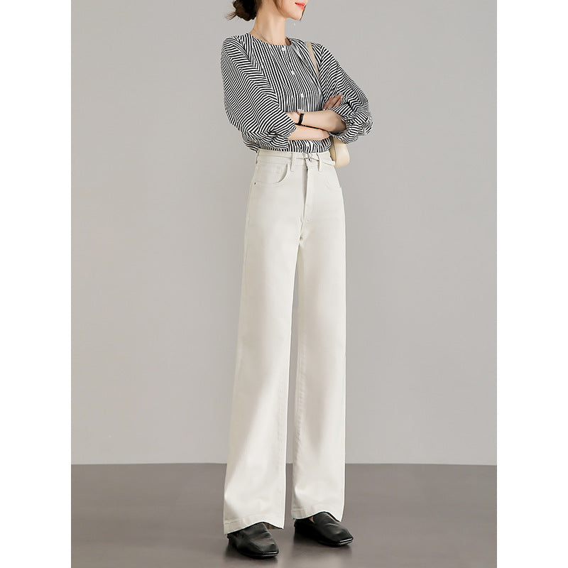 2025 High-quality imported fabric white straight jeans women's small high waist comfortable and thin straight wide-leg pants