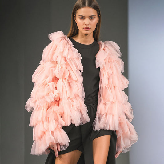 2025 spring new top women's  style temperament elegant fashion personalized mesh solid color long-sleeved cardigan shirt