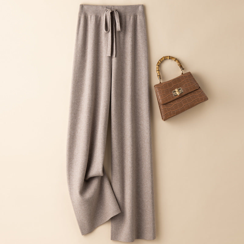 VLOVELAW Knitted wide-leg pants women's spring and autumn wear casual lazy high waist drape straight loose knitted casual trousers women