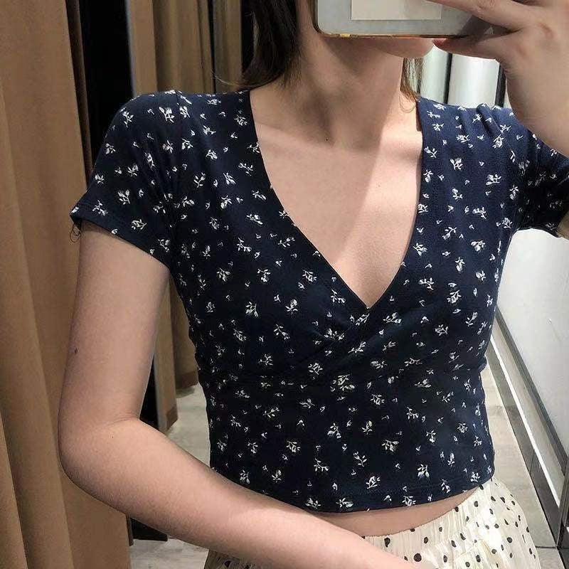 VLOVELAW New Floral Short Navel Elegant Top Women's Summer Slim Fit Slimming V-Neckline Short Sleeve Korean Style T-shirt Women's Fashion