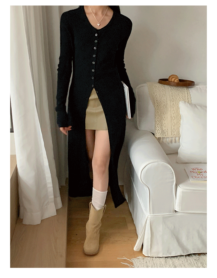 VLOVELAW Early autumn versatile solid color high split fork women's U-neck slim and thin knitted cardigan temperament long coat long sleeve top