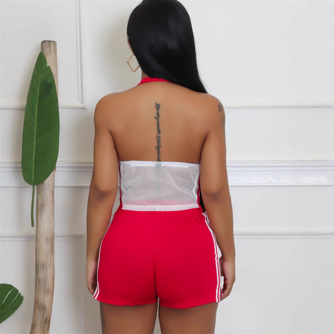 summer new women's clothing New sexy Spice Girls printed halter neck hanging perspective hollow tube top shorts set