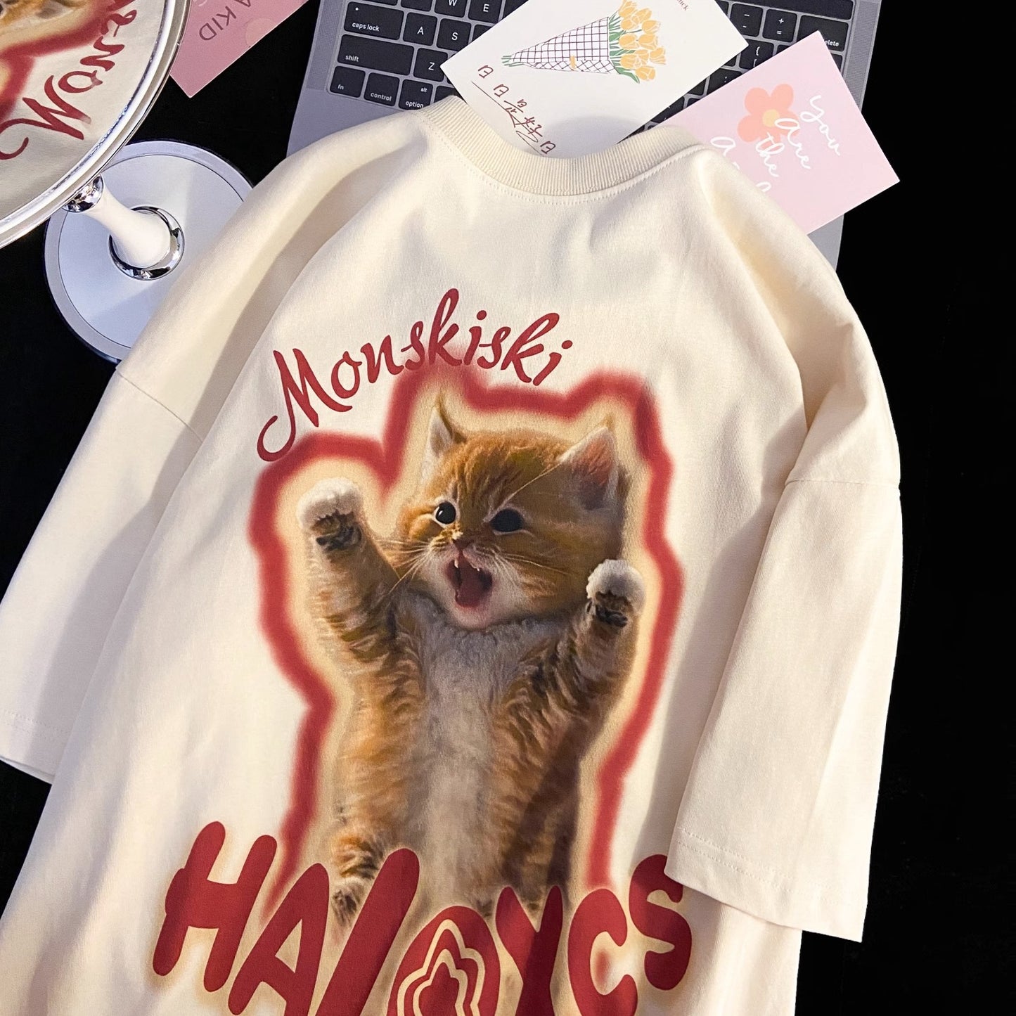 VLOVELAW Pure Cotton Good Goods American Summer Cute Cat Print Loose Leisure All-Matching Short Sleeve T-shirt Women's Half Sleeve Shirt Fashion