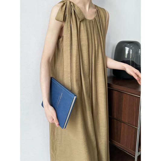 Luxi,  imitation linen pleated sleeveless A-shaped dress, thin high-end vest skirt, vacation dress 3210