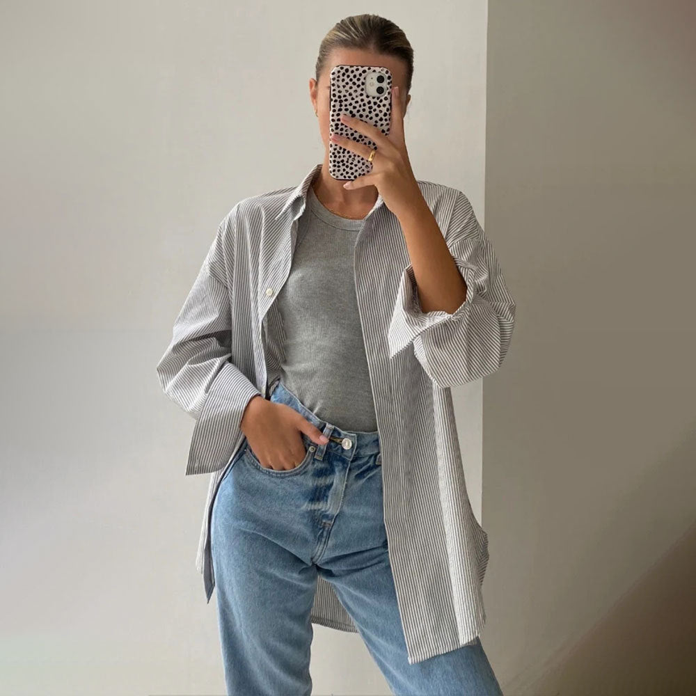 VLOVELAW striped shirt Popular and 2025 popular autumn new simple high-end hidden button long-sleeved striped cardigan