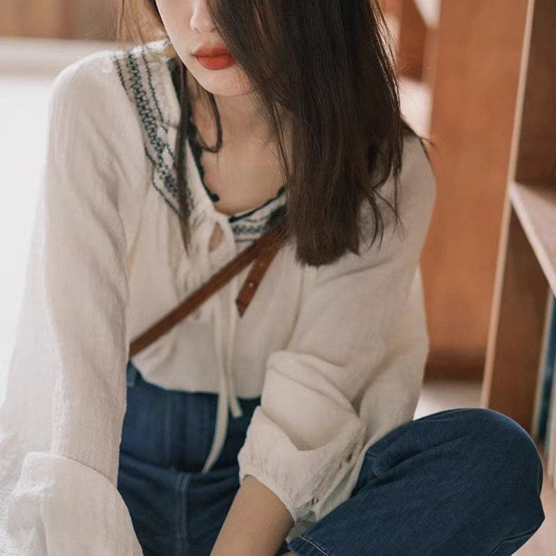 VLOVELAW Ethnic Style Retro Design Sun-Proof Chiffon Shirt for Women Spring/Summer New Top Thin Super Fairy Shirt