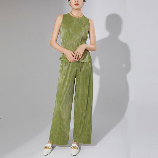 2025 women's clothing premium pleated two-piece set metal niche chic T-shirt top drape casual pants set