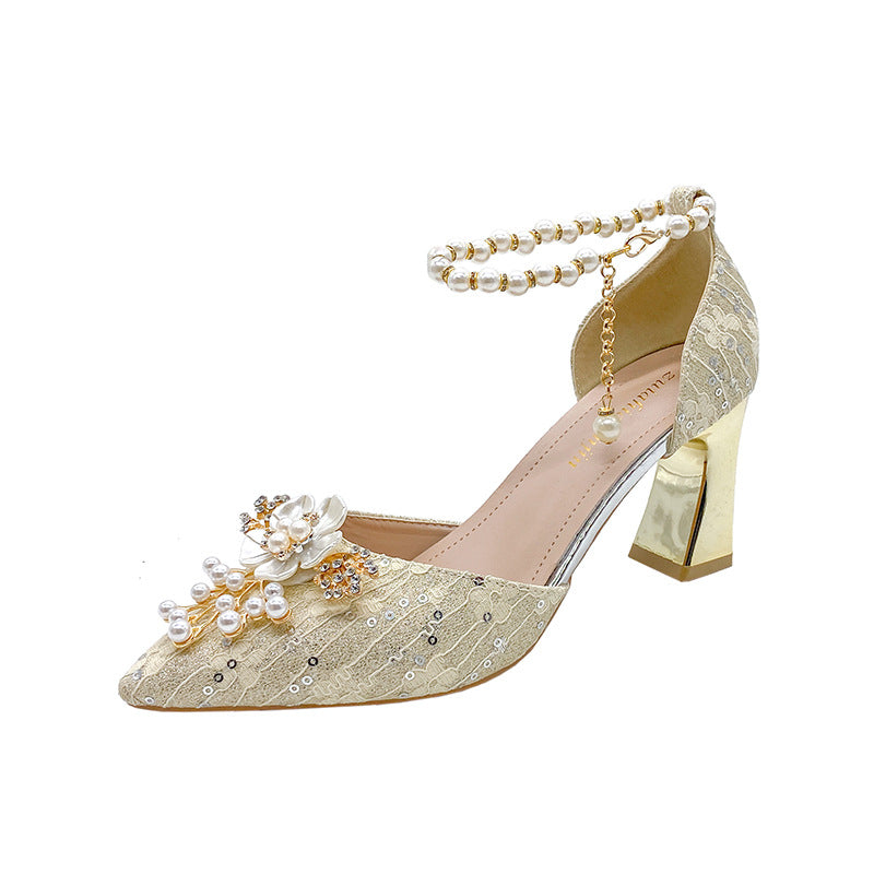 High Heel Wedding Shoes Women's Four Seasons New Lace-up Beaded Bride Toasting Xiuhe Wedding Dress Two-Way Wear Not Tired Women's Shoes