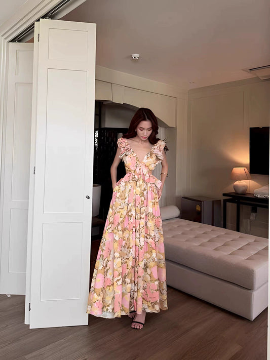 Elegant temperament South France light luxury floral age-reducing halter suspender long dress vacation skirt island-produced high-end dress