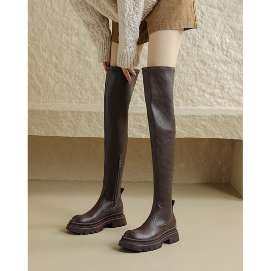 thick-soled boots women's autumn and winter knee boots elastic thin boots brown knight boots leather boots high knee boots