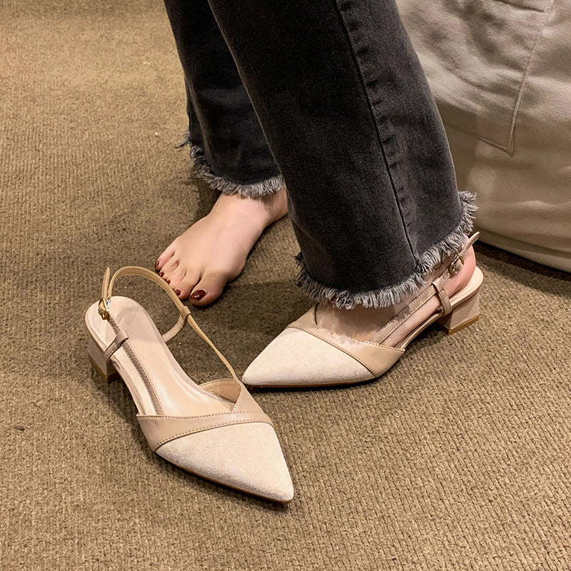 VLOVELAW Style Closed Toe Sandals Pointed Toe Strap Nude High Heels Women's Summer New Thick Heel Shoes 5cm