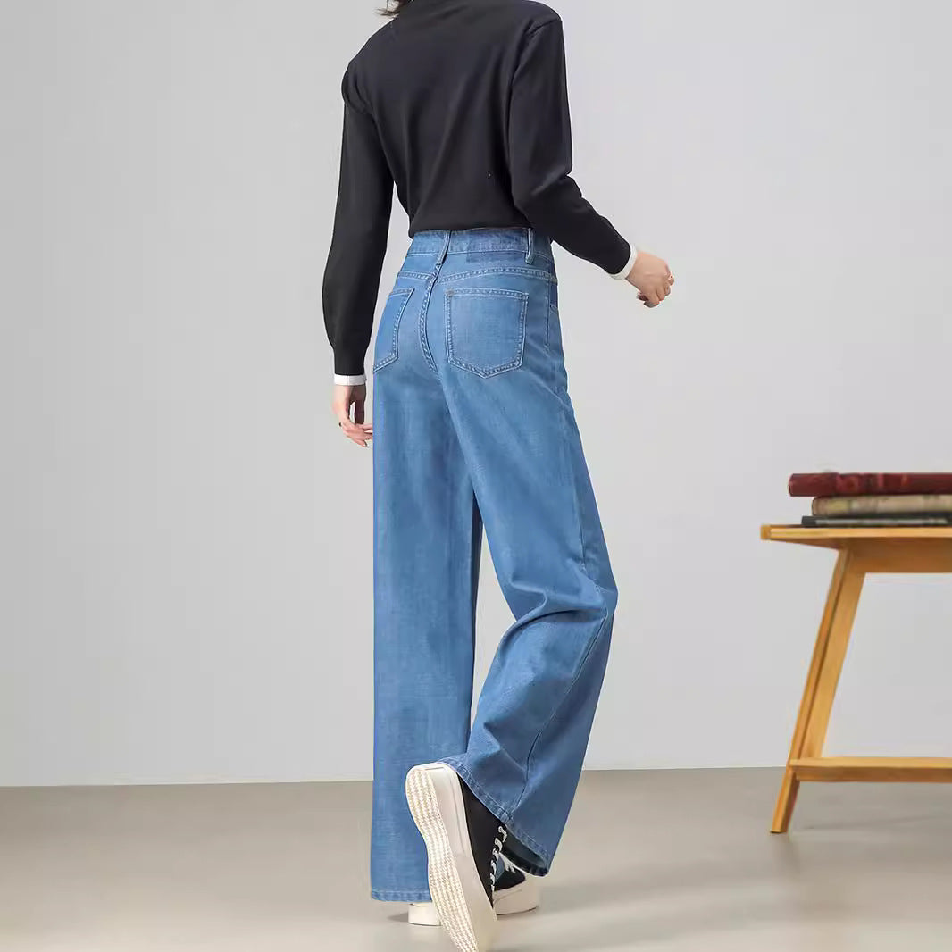 2025 Customized four-sided elastic retro dark blue jeans women's autumn new women's clothing 360 elastic textured loose straight pants