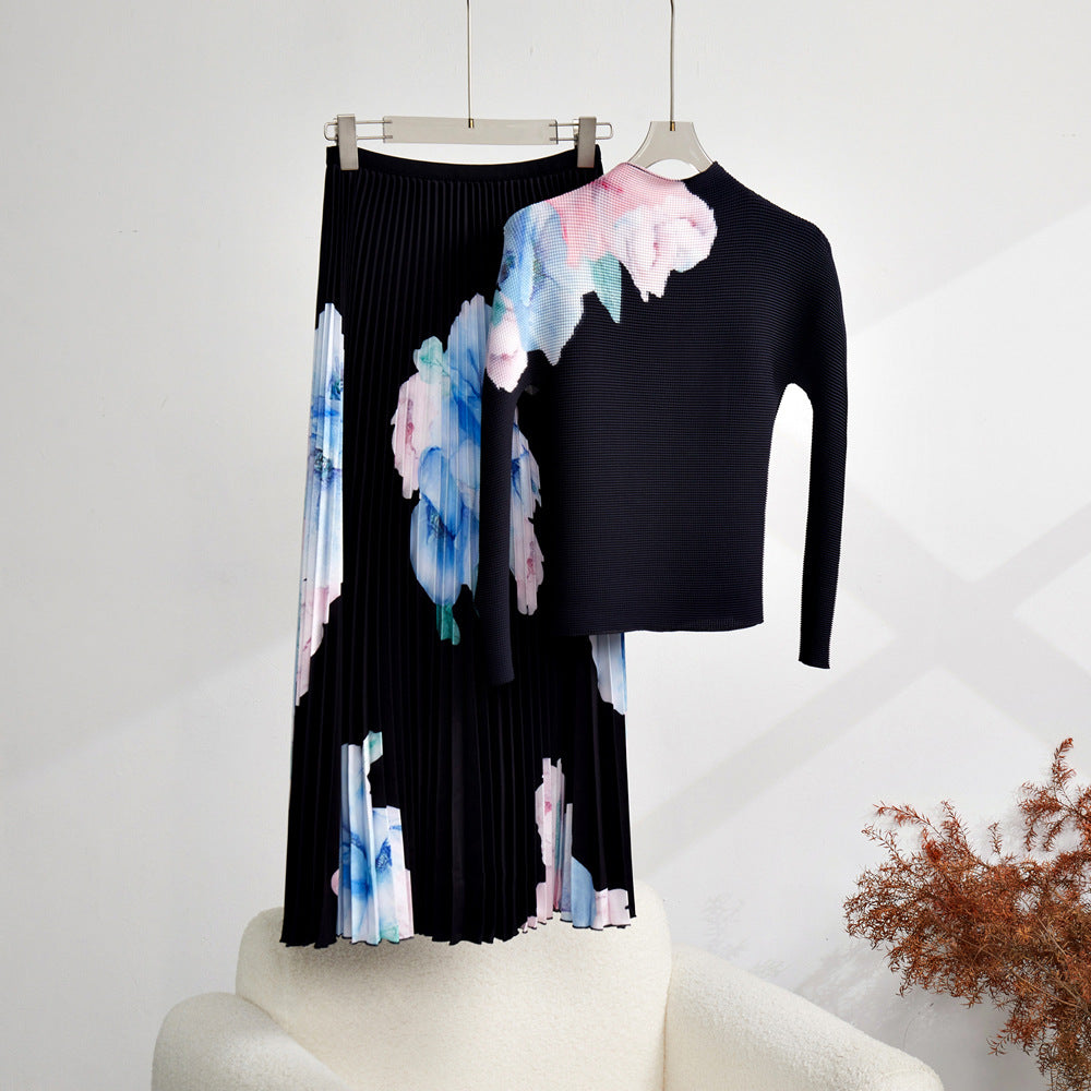 2025 Folded spring casual suit women's high-end sense small printed temperament top skirt two-piece set