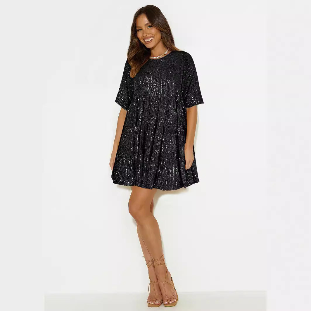 XIEYINSHE Europe and America Cross Border Foreign Trade Popular Style Fashion Pure Color Sequins Loose Waist Short Sleeve Swing Skirt Dress