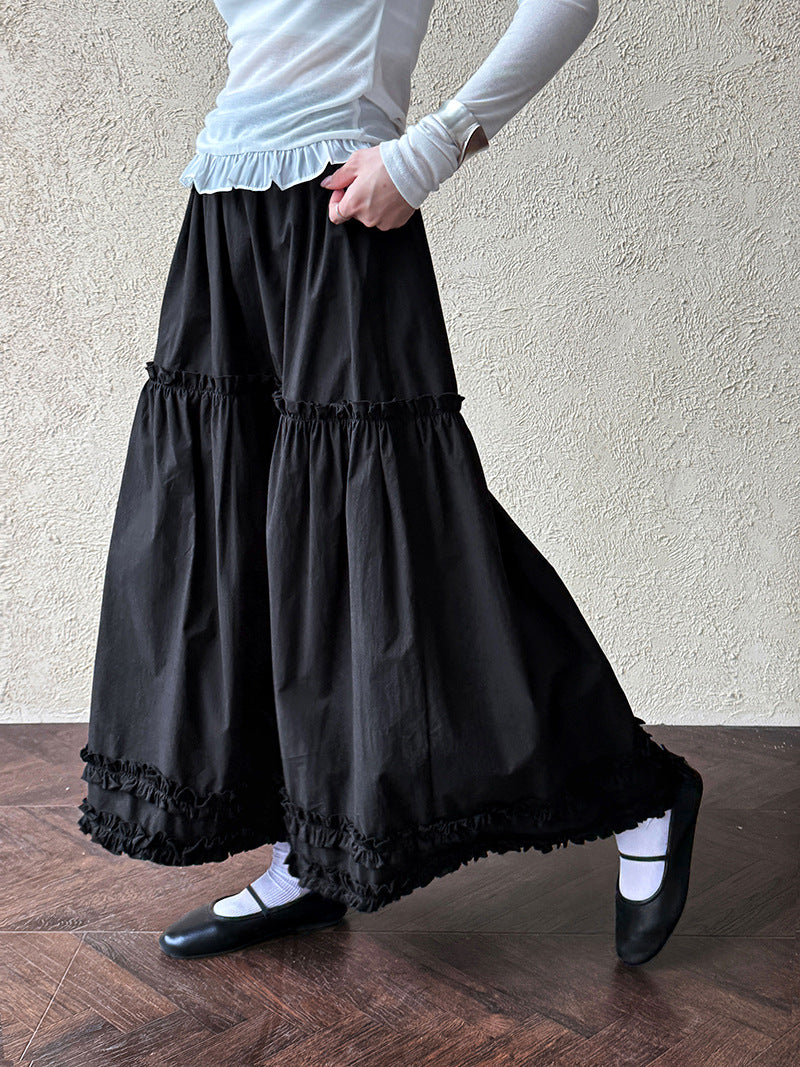 Luxi, splicing fungus edge skirt women's summer new high-waisted long skirt casual umbrella skirt A-shaped cake skirt 5105