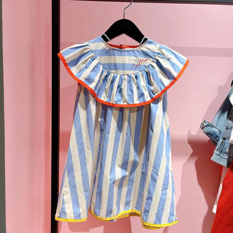 VLOVELAW South Korea Children's Clothing Summer New Girls' Large Lapel Striped Dress Children's Little Girl Sleeveless Princess Dress
