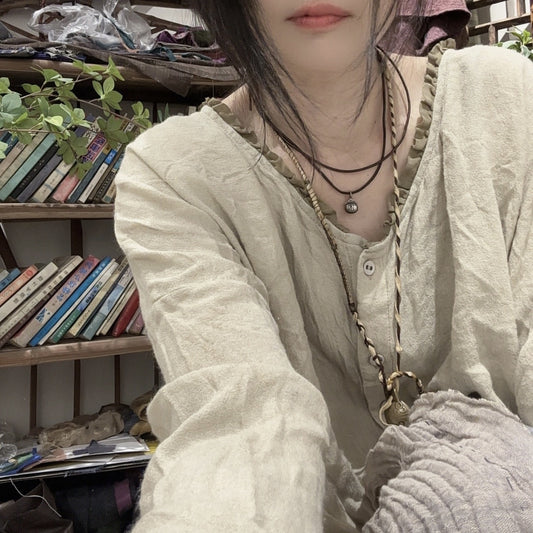 2025  24/4 SN41 literary and retro long-sleeved linen cotton smoked color craft fried old contrasting color lace neck cardigan shirt