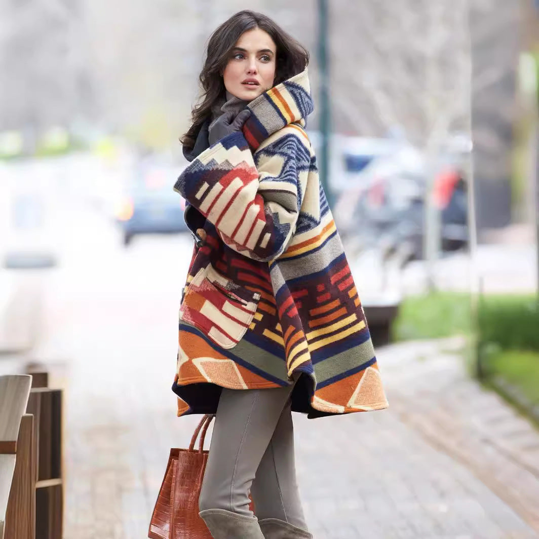 Popular trade ebay new autumn and winter women's clothing long-sleeved hooded jacket printed dragon and phoenix coat