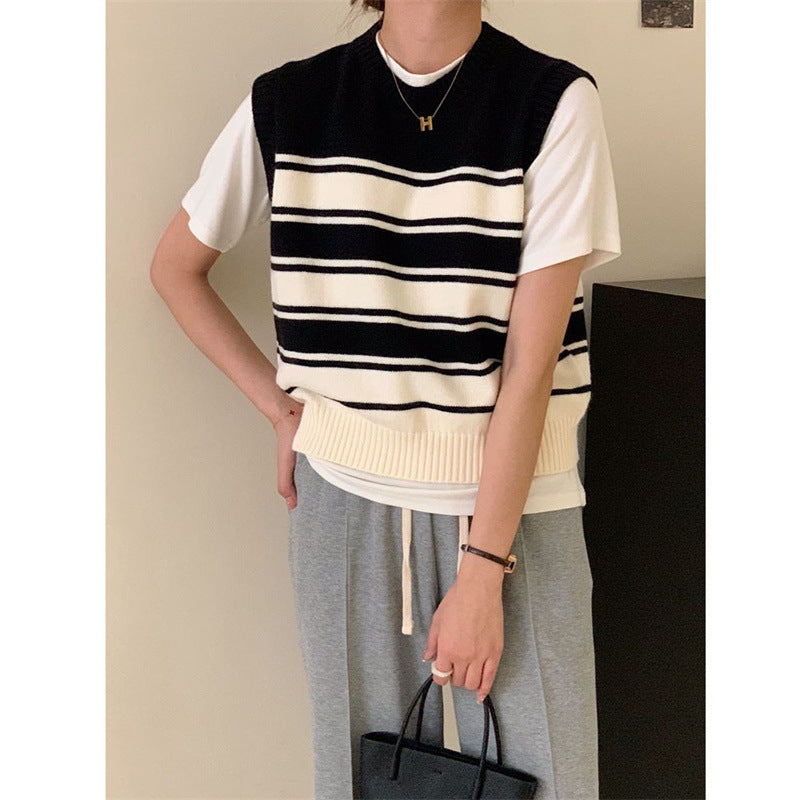 VLOVELAW Contrasting striped knitted sweater vest new stacked college casual loose and thin sleeveless sweater vest vest women