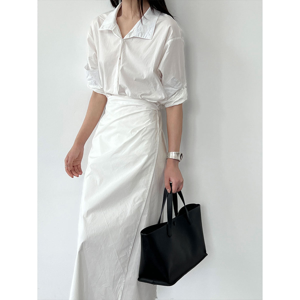 Luxi, Korean version of the design sense lace-up V-neck waist dress women's summer new thin shirt long skirt 9731