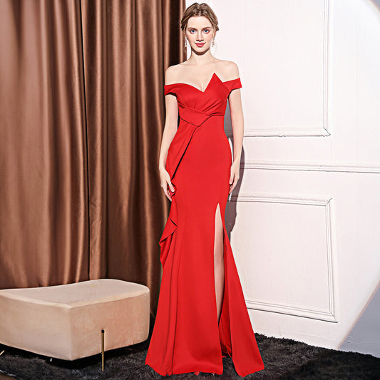 2025 Evening dress skirt Women's high-end temperament light luxury company annual meeting host banquet one-word shoulder long fishtail dress