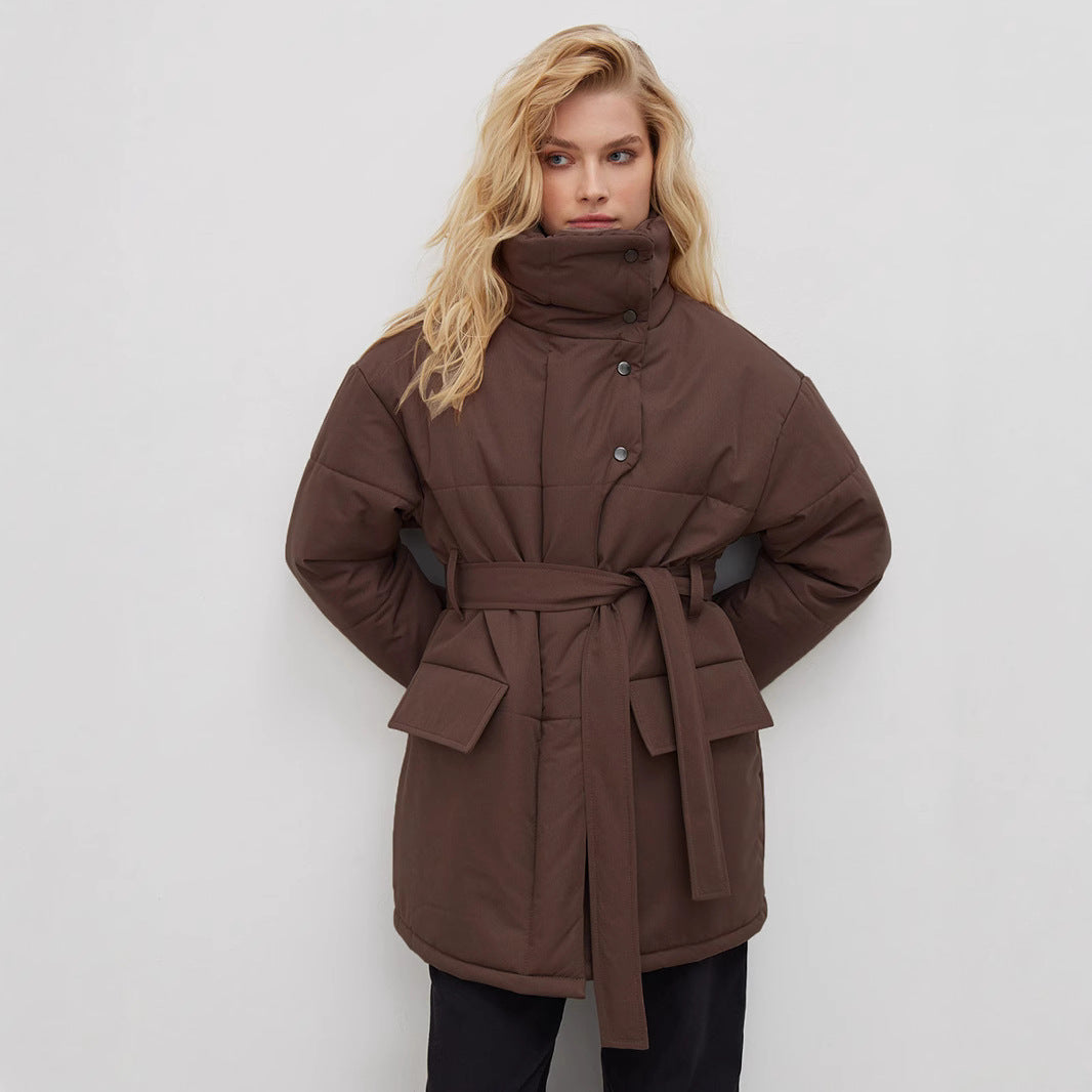 KKBOXLY Cross-border stand-up collar cotton jacket, 2025 New autumn and winter new temperament belt irregular medium and long cotton jacket