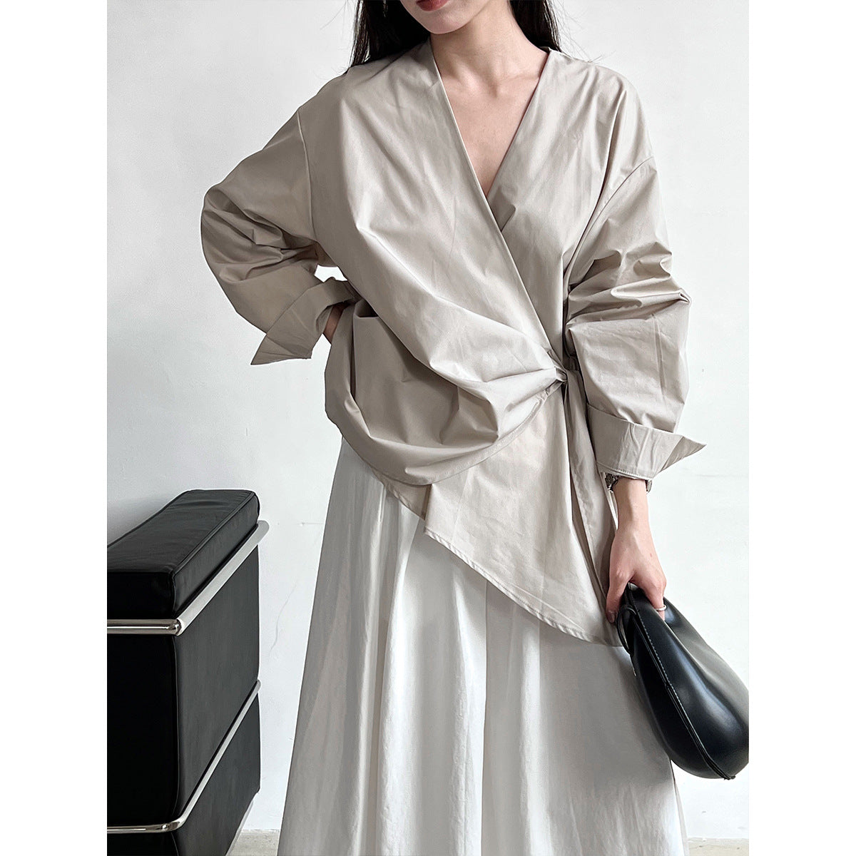 Luxi, Korean irregular waist strap shirt women's spring casual niche design one-piece top 3563
