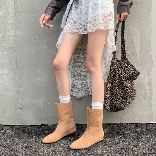 Round head inner height increase short boots autumn and winter retro slope heel thin wide boots flat bottom matte short western boots