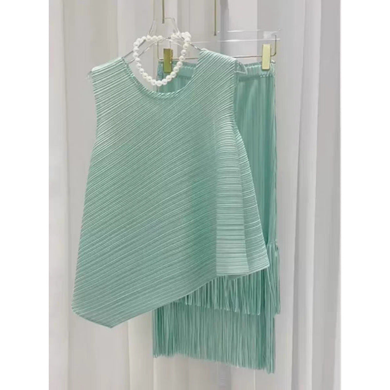 Miyake fashion pleated suit women's summer style Popular style sweet irregular vest top fringed skirt two-piece set