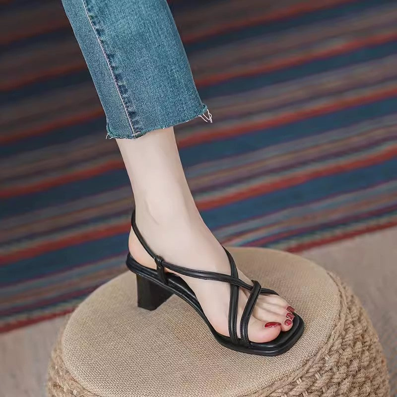VLOVELAW Style High-Grade Open Toe Sandals for Women Summer New Elegant Chunky Heel Cross Strap Fashionable All-Match Roman Shoes