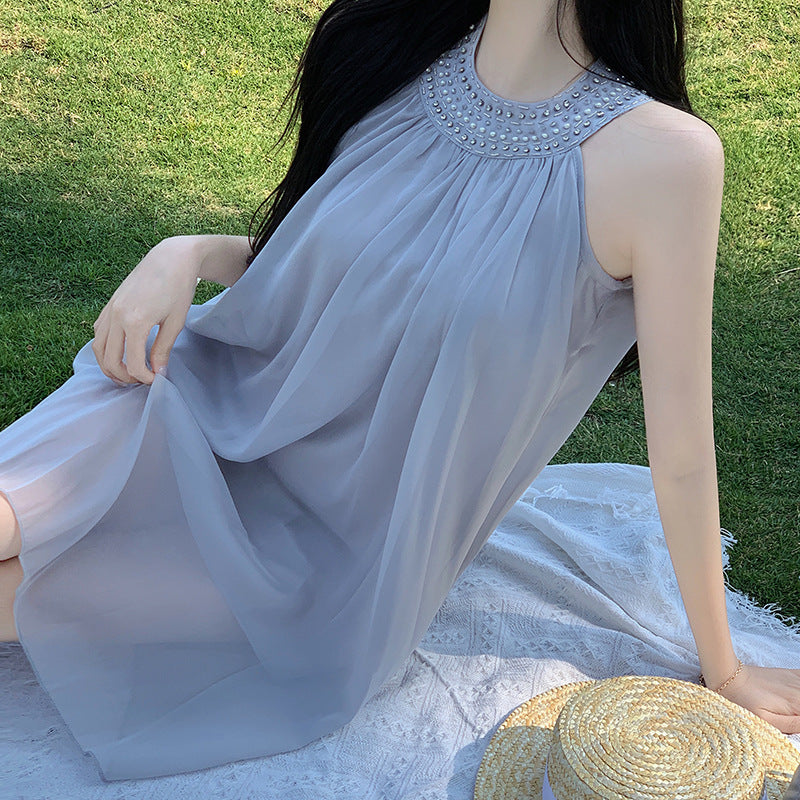 2025 2025 summer new sleeveless high-end heavy industry bead neck holiday style dress popular small dress skirt