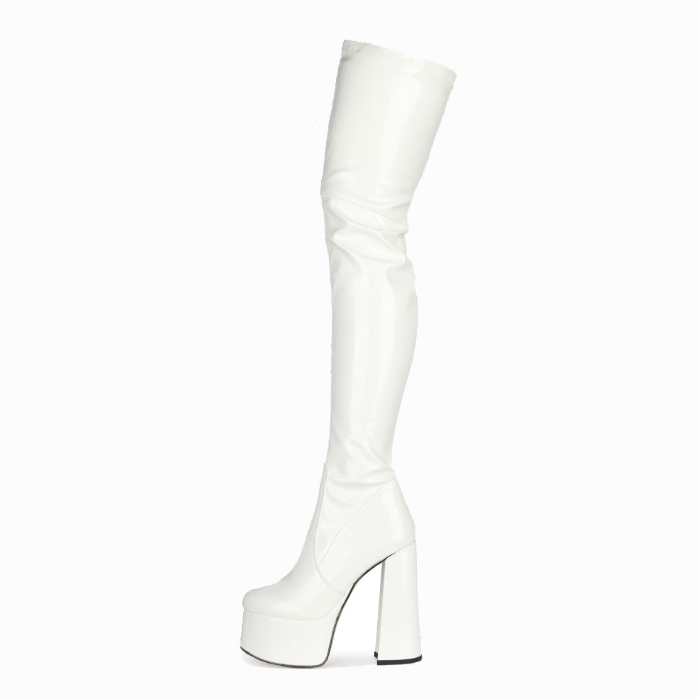 Cross-Border Foreign Trade Fashion New Chunky Heel Waterproof Platform Patent Leather round Toe High Heel White over-the-Knee Boots plus Size Women's Boots 45