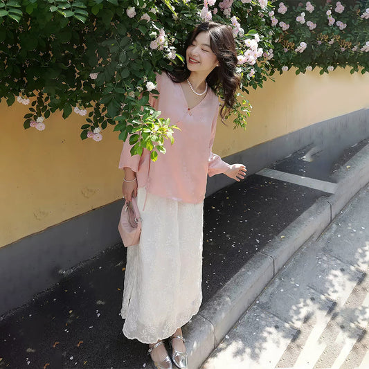 New Chinese-style women's summer, suit skirt summer women's two-piece set, pink satin shirt B0628 Chinese skirt