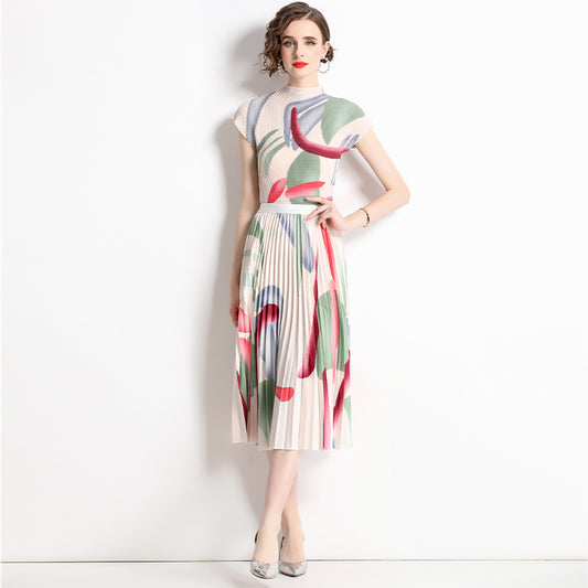 Spring and summer  new pleated suit women's short-sleeved printed T-shirt skirt fashion temperament two-piece set