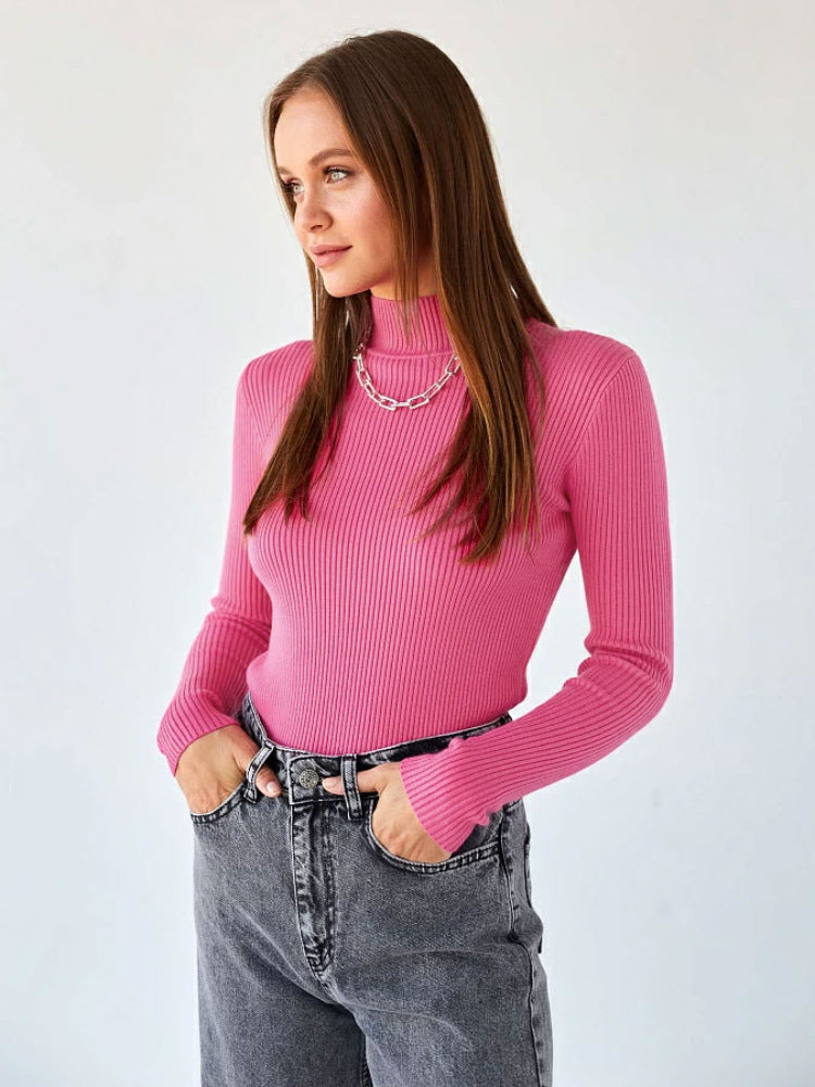 KKBOXLY Cross-border solid color semi-turtleneck sweater Europe, America and New autumn and winter women (24 colors in stock) slim-fit knitted bottoming shirt